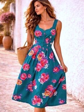 Vtg 90s Walden Classics L Teal Floral A-Line Midi Dress Button Bodice Belt Waist